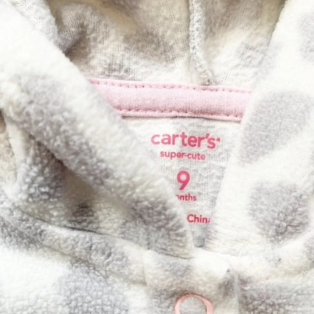 5/$25 Carter's Girl 9M Fleece Hooded Jumpsuit Grey Pink Leopard Print‎ One Piece